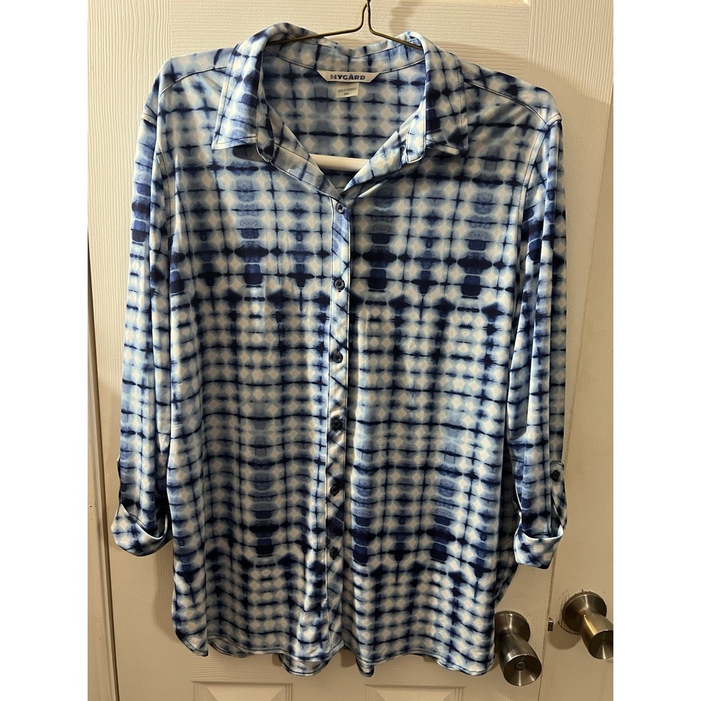 Nygard Womens Blouse XL‎ Blue Plaid 3/4 Sleeve Roll Tab Stretch Tunic
